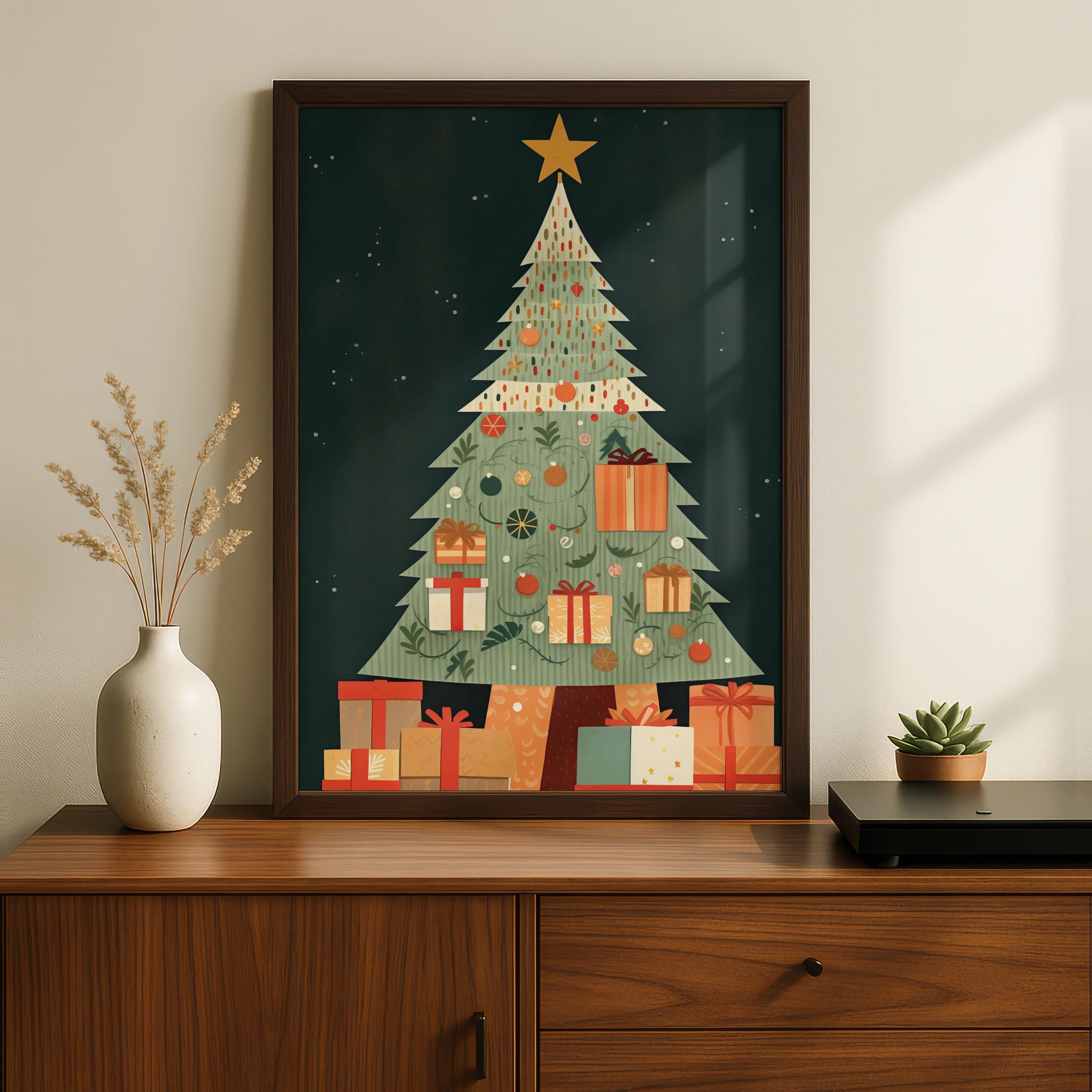 Christmas Tree Poster, Festive Gift Wall Art, Retro Xmas Print, Green Red Holiday Home Decor