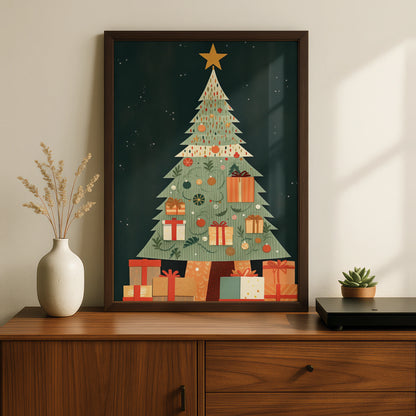 Christmas Tree Poster, Festive Gift Wall Art, Retro Xmas Print, Green Red Holiday Home Decor