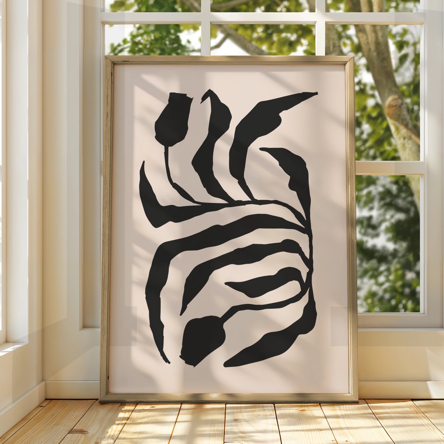 Botanical Flower Art Print, Abstract Floral Wall Decor, Modern Black and White Design, Minimalist