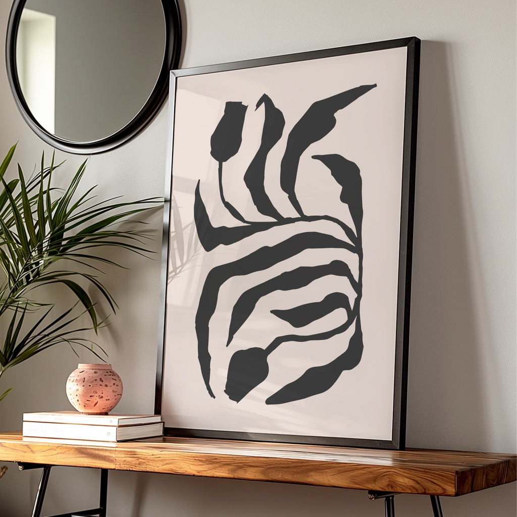 Botanical Flower Art Print, Abstract Floral Wall Decor, Modern Black and White Design, Minimalist