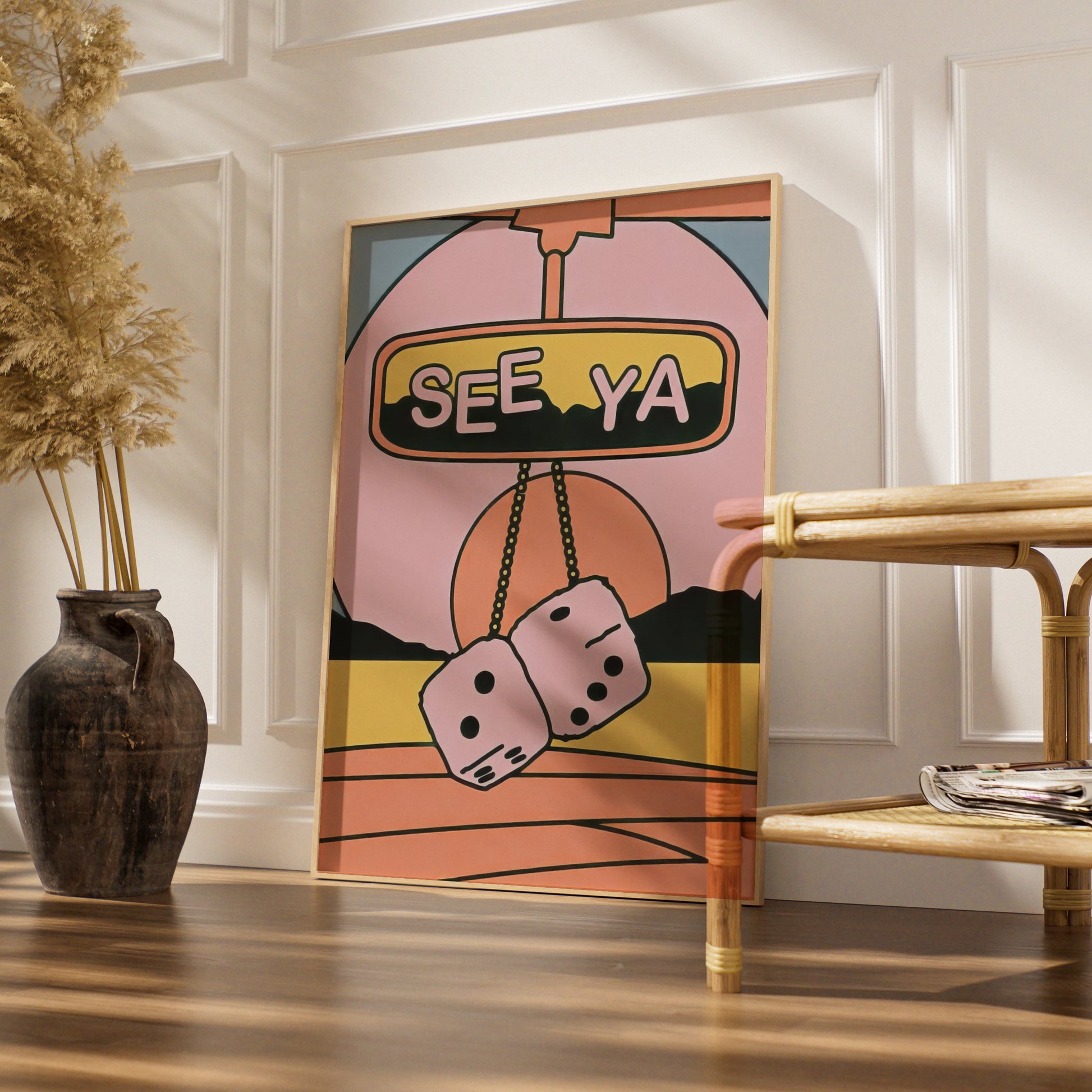 Trendy Retro 'See Ya' Car Mirror Print, Playful Wall Art, Colourful Retro Decor for Home, 70s Vibe
