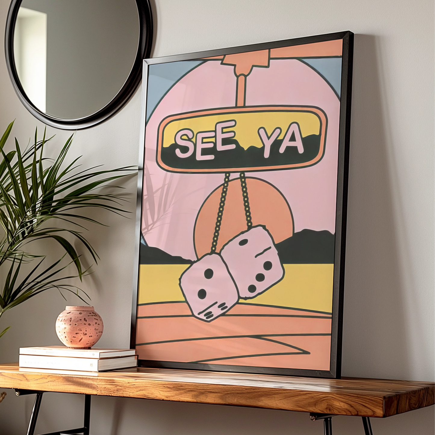Trendy Retro 'See Ya' Car Mirror Print, Playful Wall Art, Colourful Retro Decor for Home, 70s Vibe
