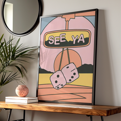 Trendy Retro 'See Ya' Car Mirror Print, Playful Wall Art, Colourful Retro Decor for Home, 70s Vibe
