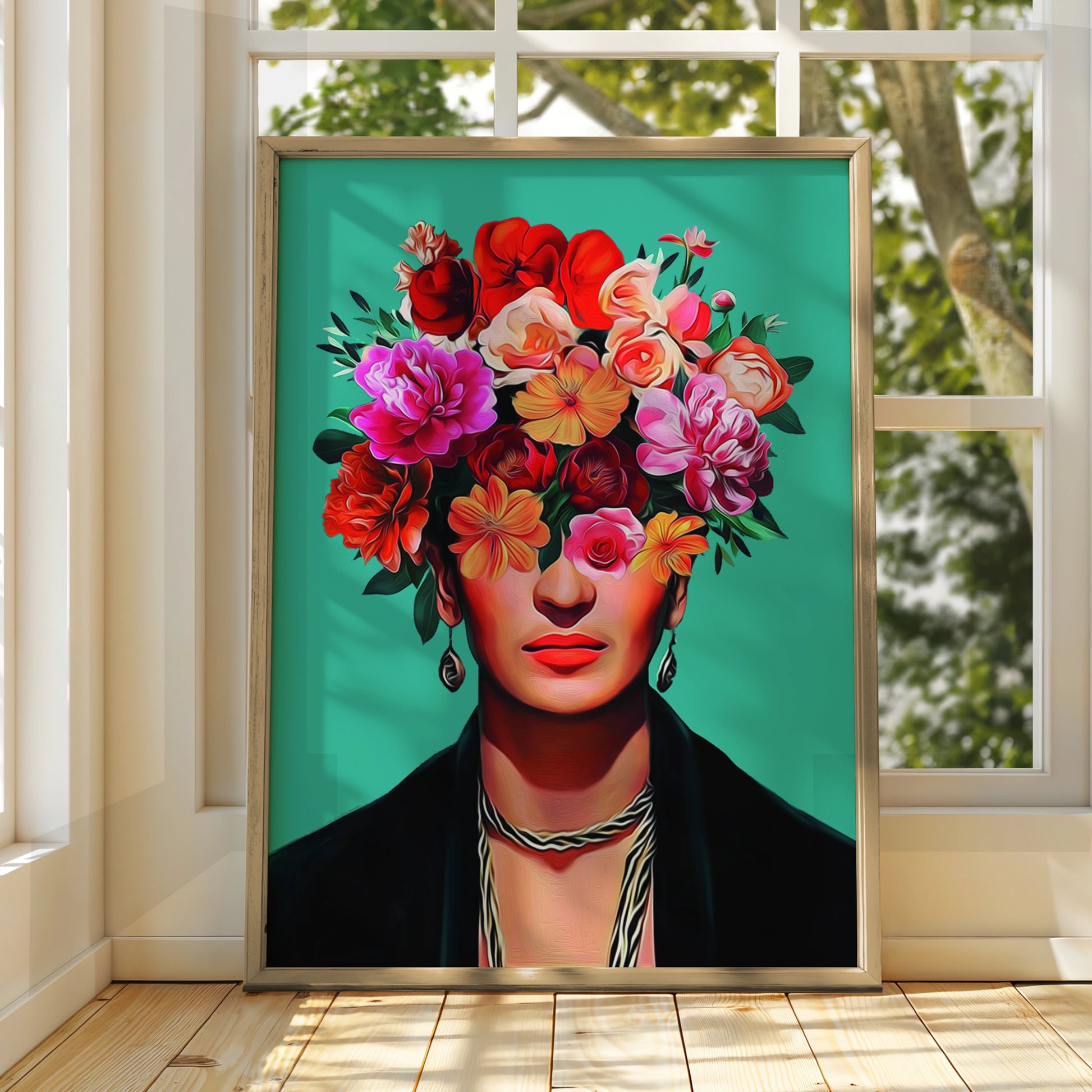 Floral Portrait Art Print, Colourful Wall Artwork, Boho Home Decor, Flower Head Illustration