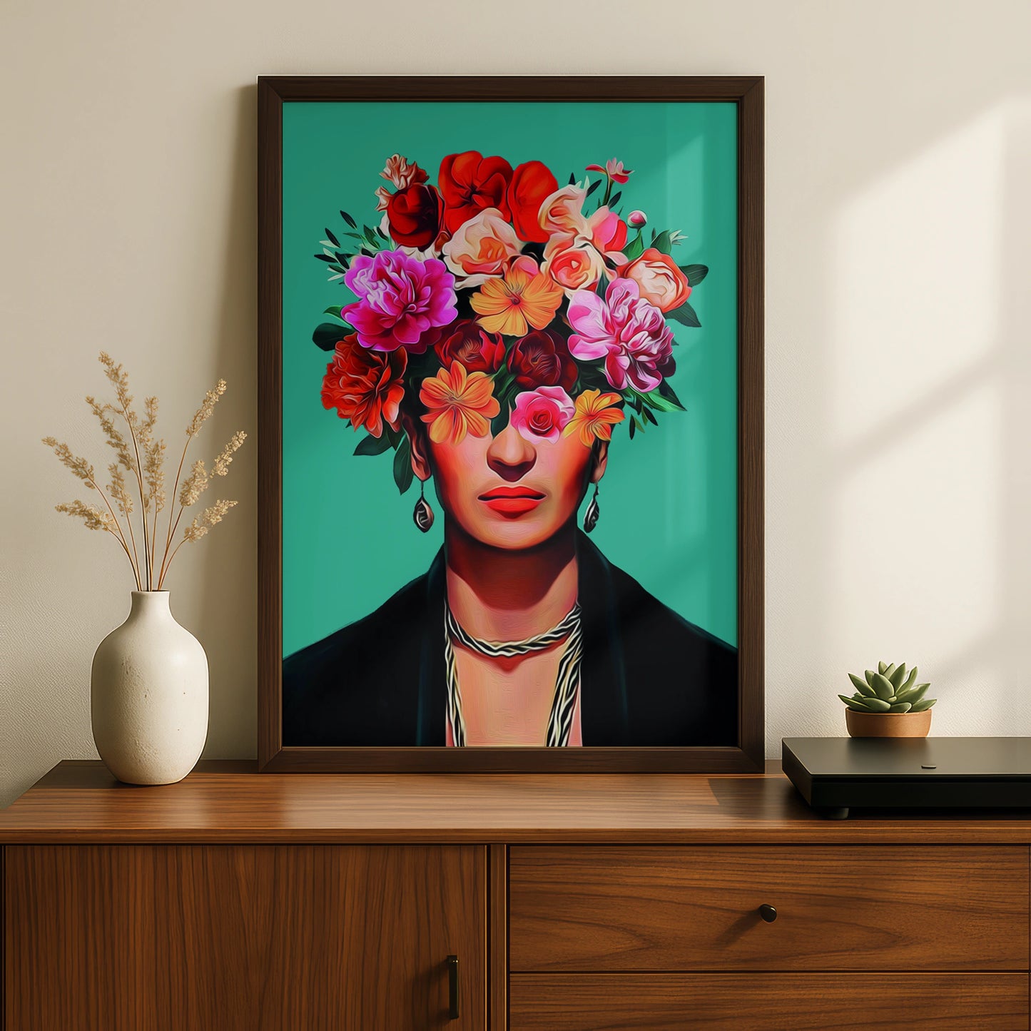 Floral Portrait Art Print, Colourful Wall Artwork, Boho Home Decor, Flower Head Illustration