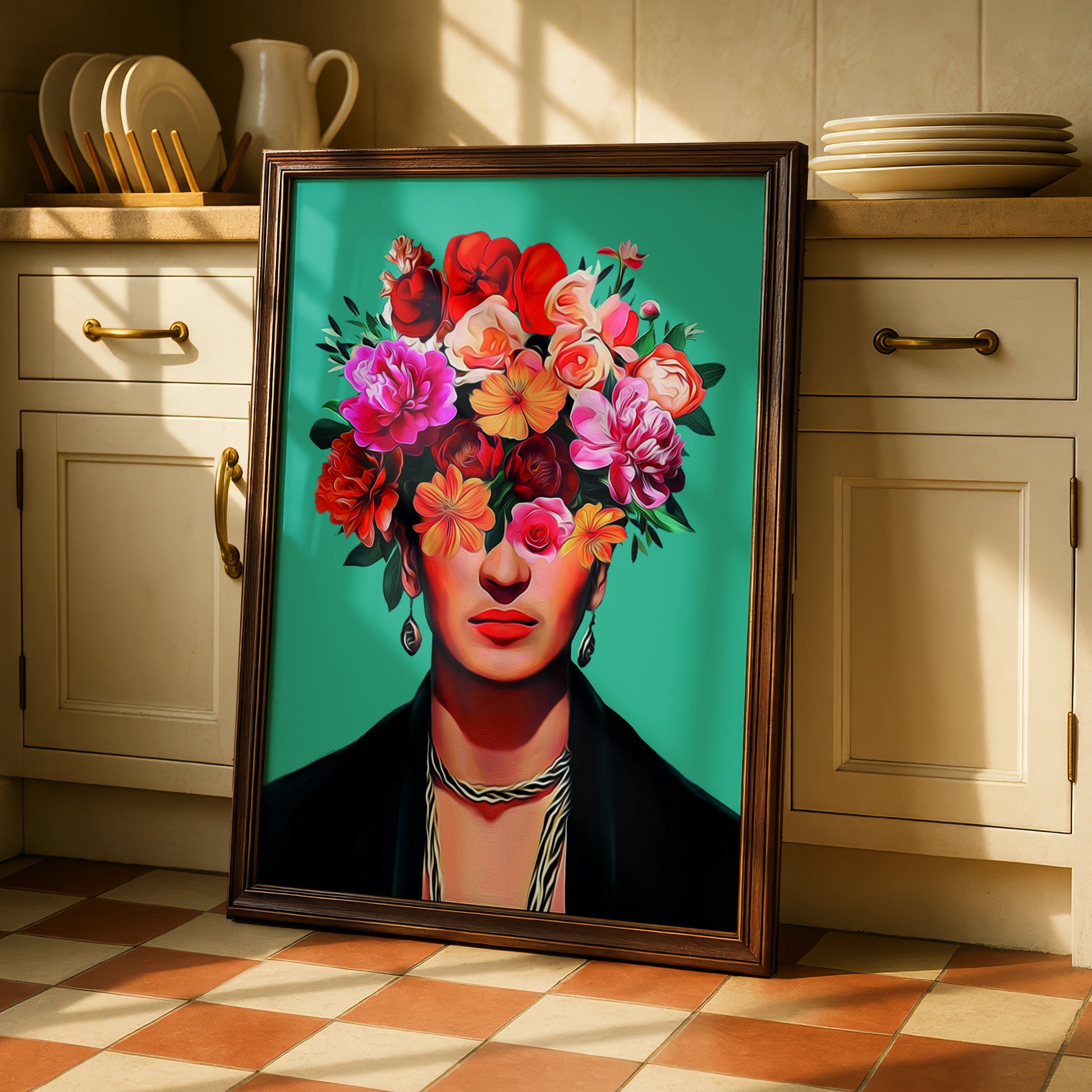 Floral Portrait Art Print, Colourful Wall Artwork, Boho Home Decor, Flower Head Illustration