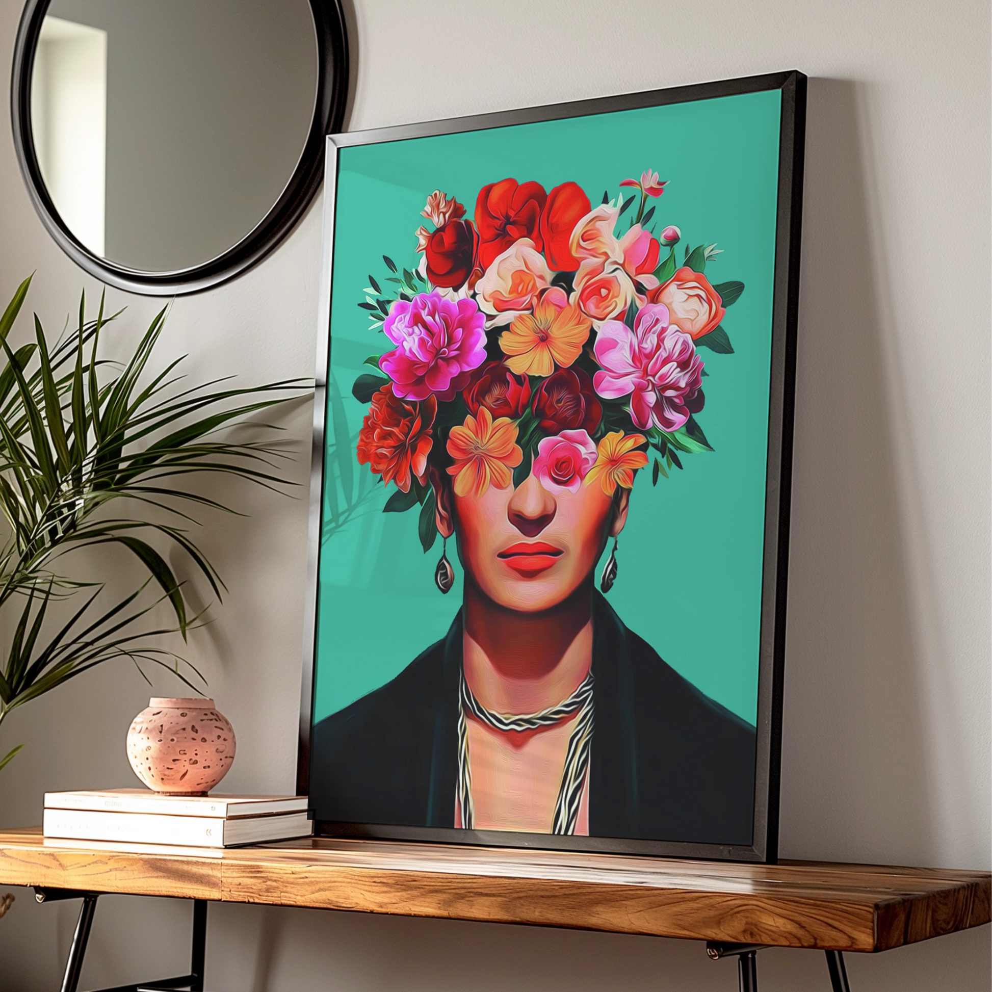 Floral Portrait Art Print, Colourful Wall Artwork, Boho Home Decor, Flower Head Illustration