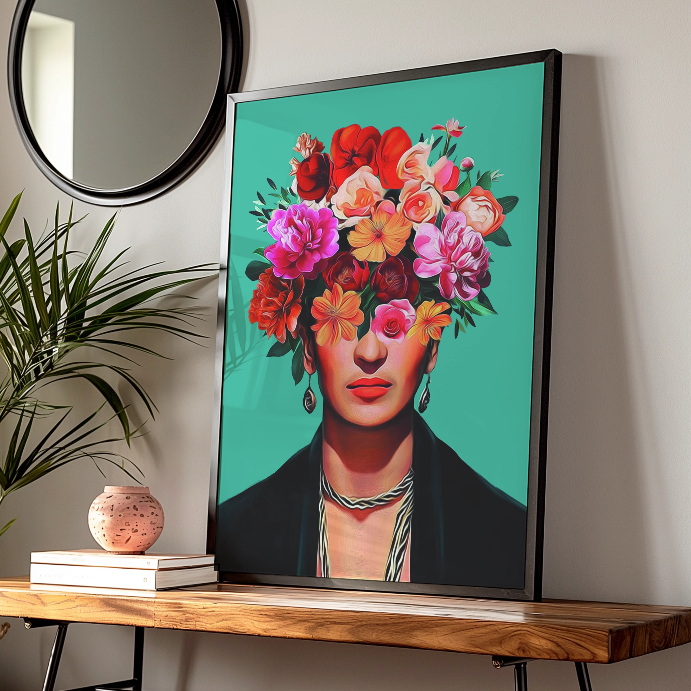 Floral Portrait Art Print, Colourful Wall Artwork, Boho Home Decor, Flower Head Illustration
