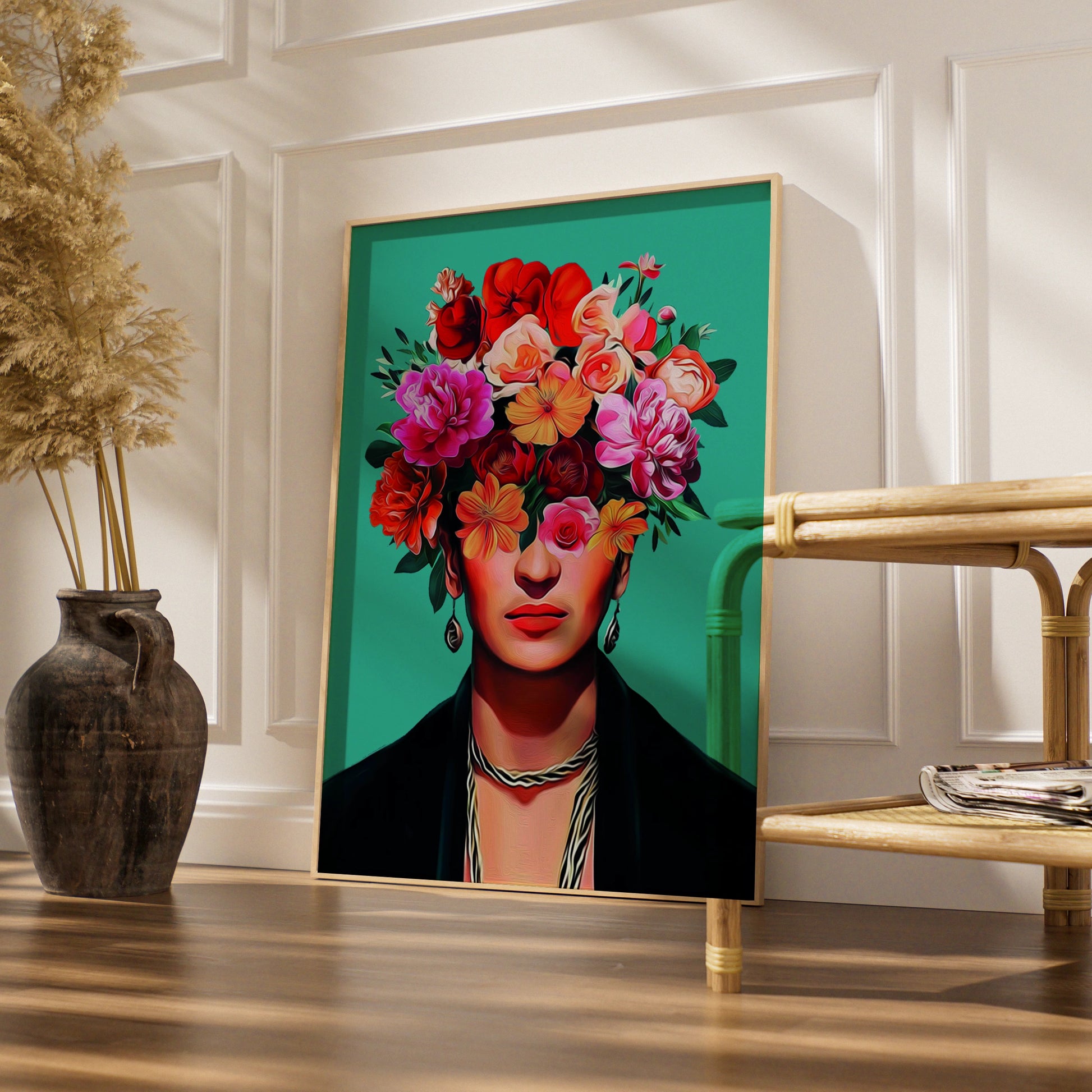 Floral Portrait Art Print, Colourful Wall Artwork, Boho Home Decor, Flower Head Illustration