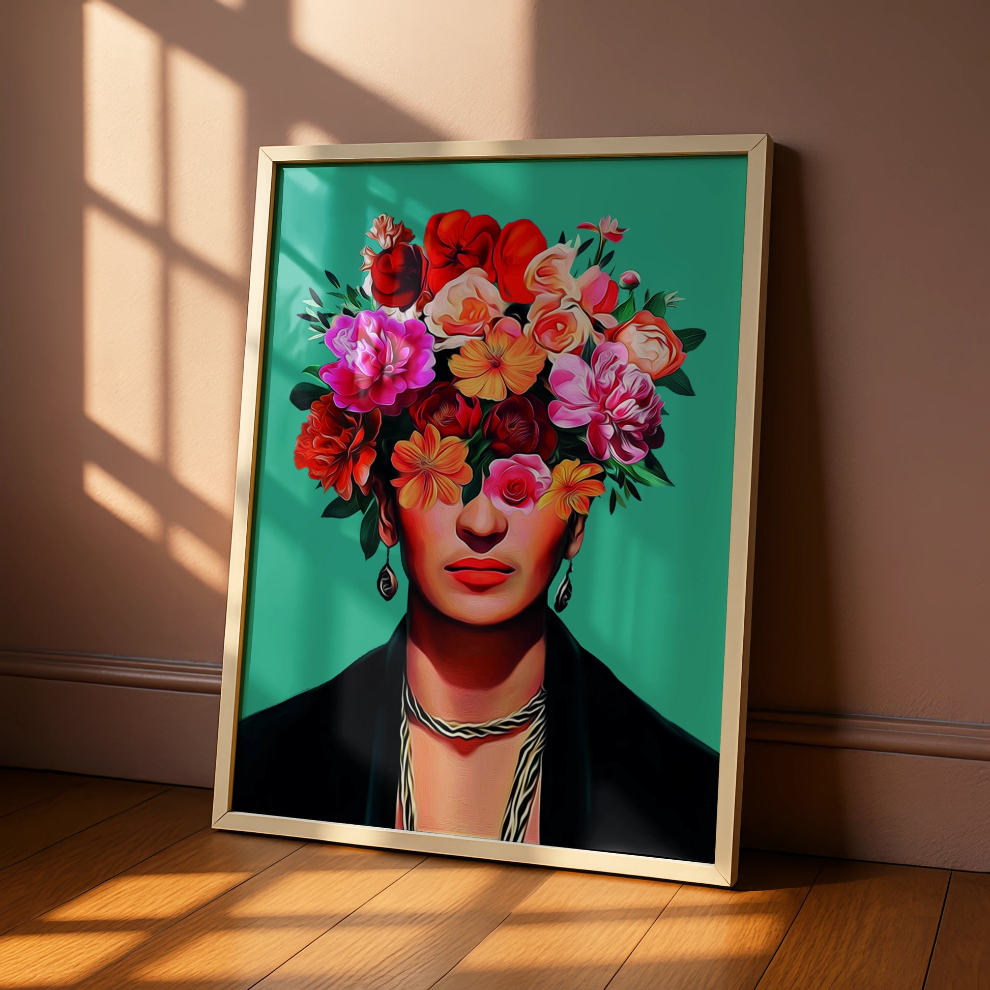 Floral Portrait Art Print, Colourful Wall Artwork, Boho Home Decor, Flower Head Illustration