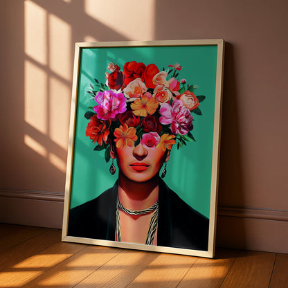 Floral Portrait Art Print, Colourful Wall Artwork, Boho Home Decor, Flower Head Illustration