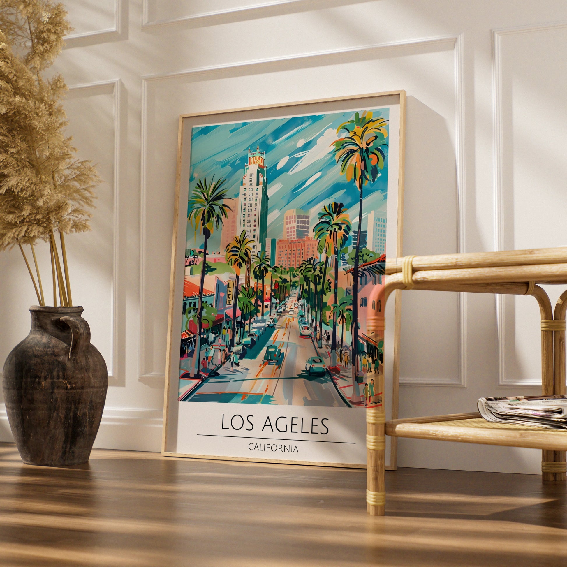 Los Angeles Art Print, Vibrant California Poster, Palm Tree City Scene, Urban Wall Art