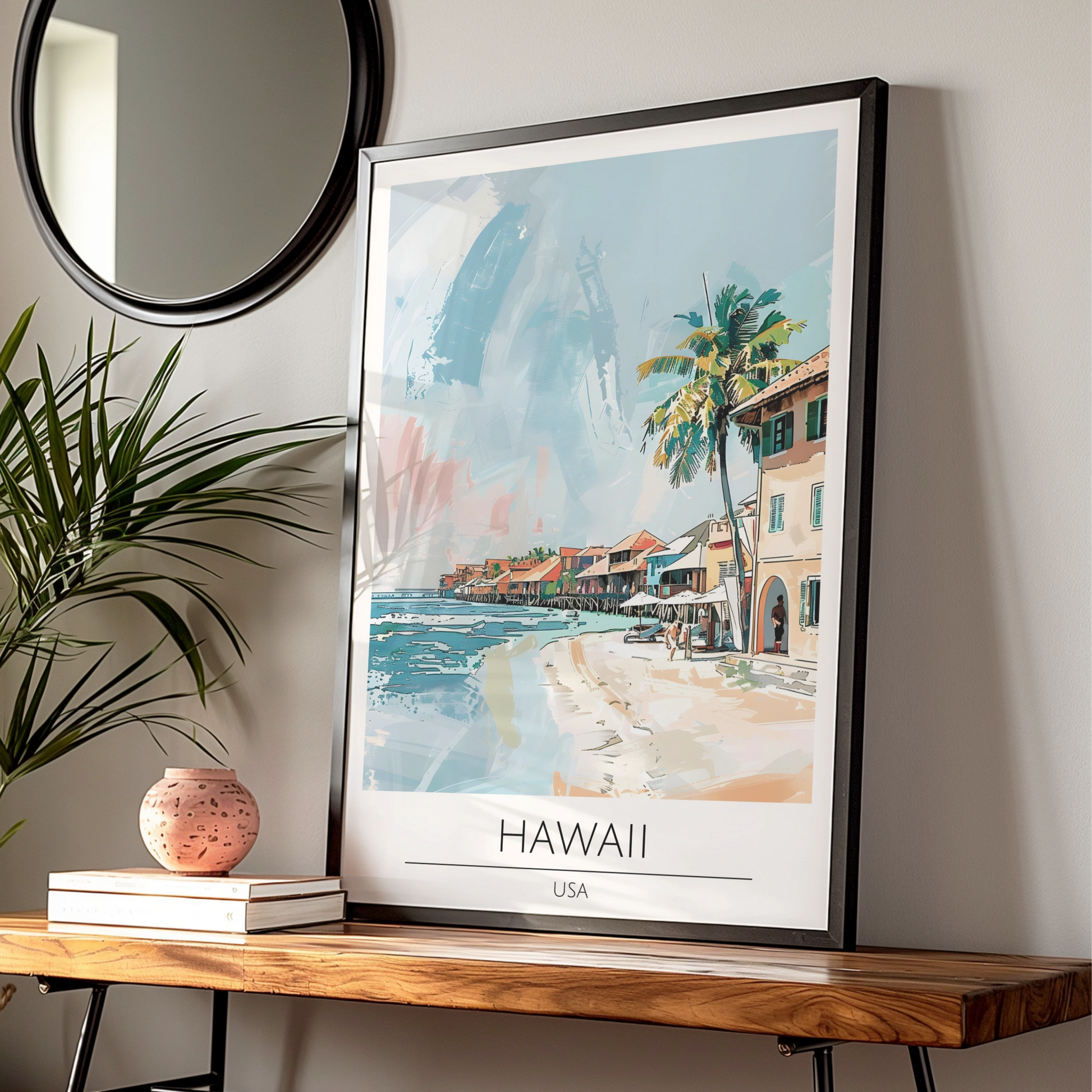 Hawaii Art Print, Tropical Beach Poster, Coastal Home Decor, Colourful Maximalist Artwork, USA Wall