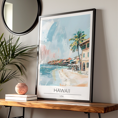 Hawaii Art Print, Tropical Beach Poster, Coastal Home Decor, Colourful Maximalist Artwork, USA Wall
