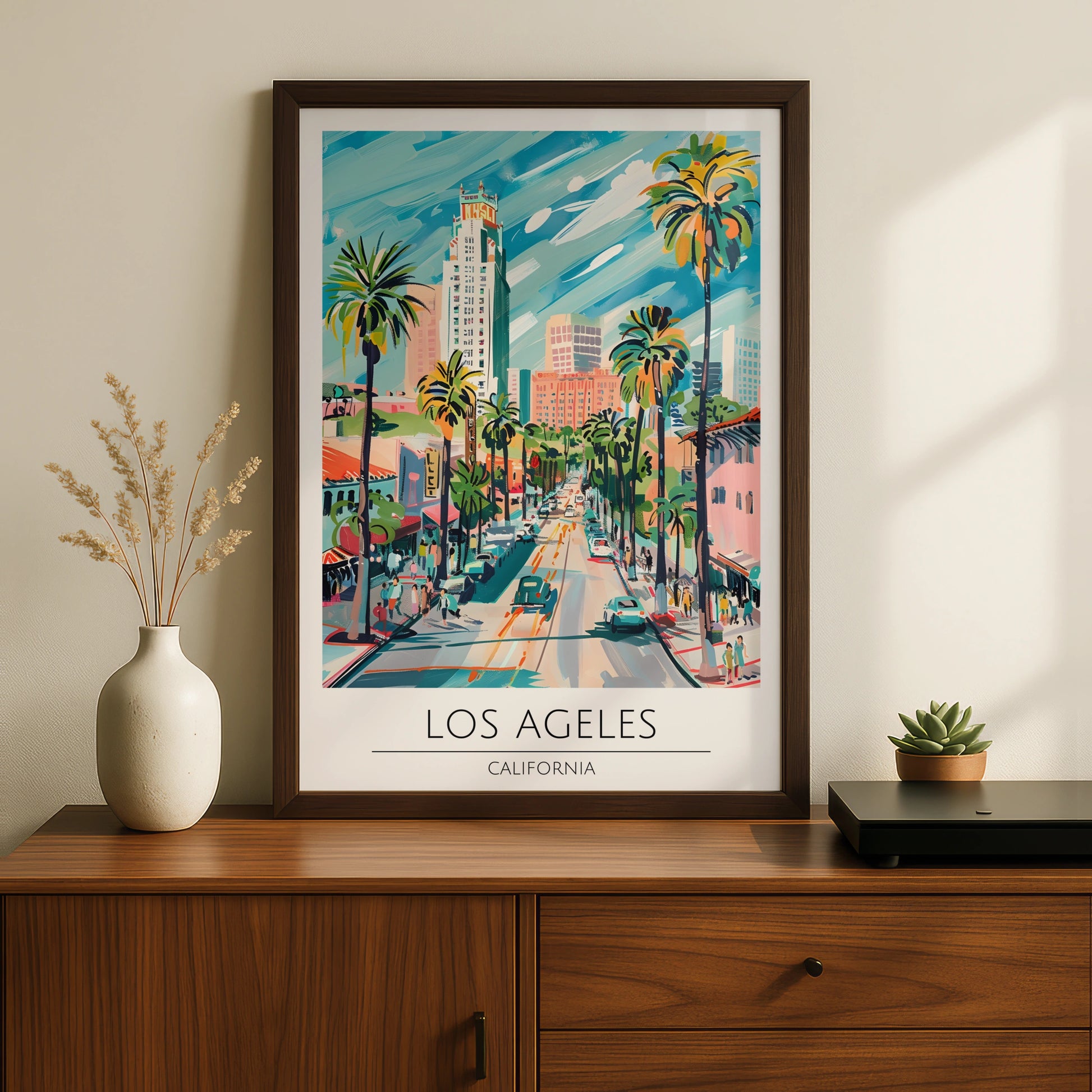 Los Angeles Art Print, Vibrant California Poster, Palm Tree City Scene, Urban Wall Art