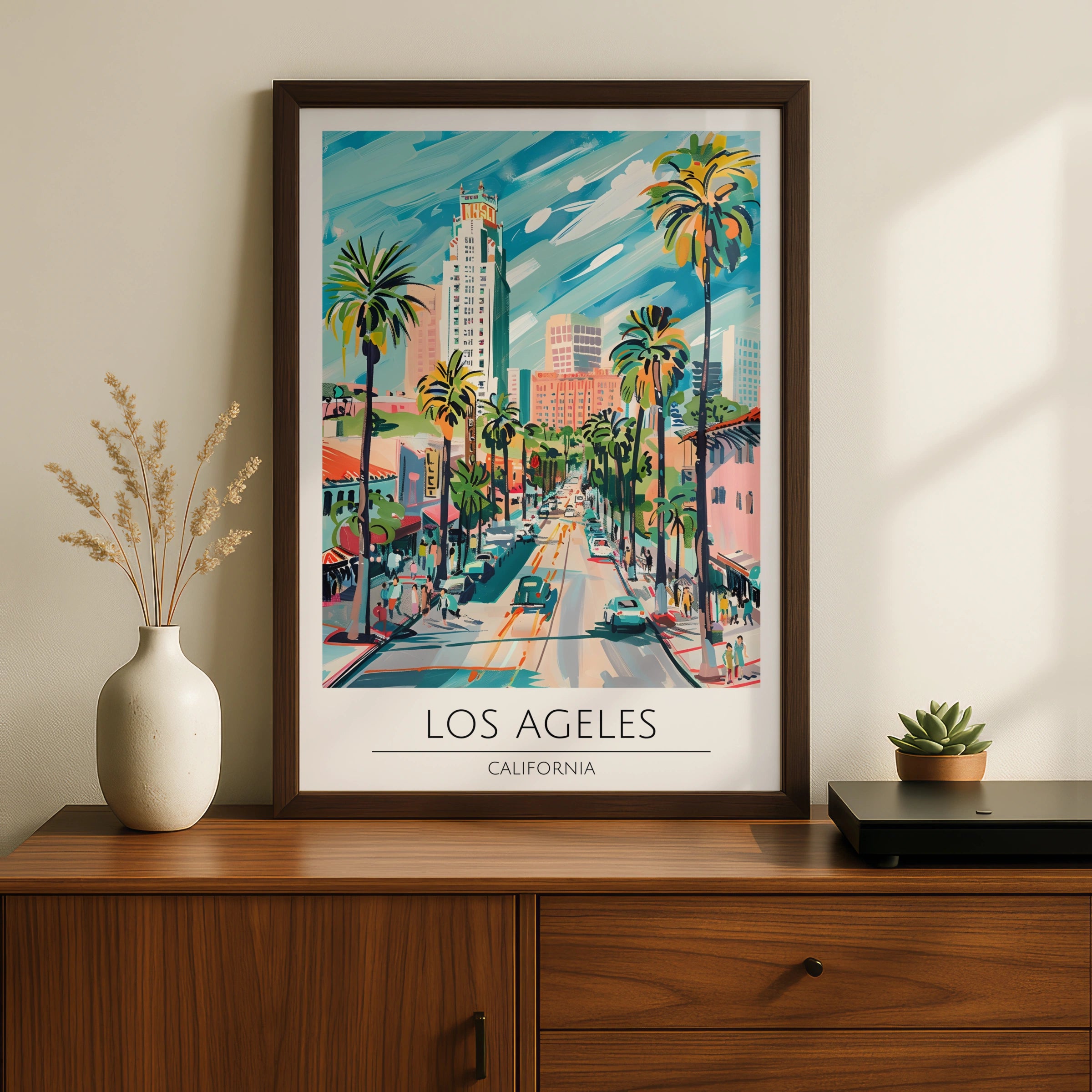 Los Angeles Art Print, Vibrant California Poster, Palm Tree City Scene, Urban Wall Art