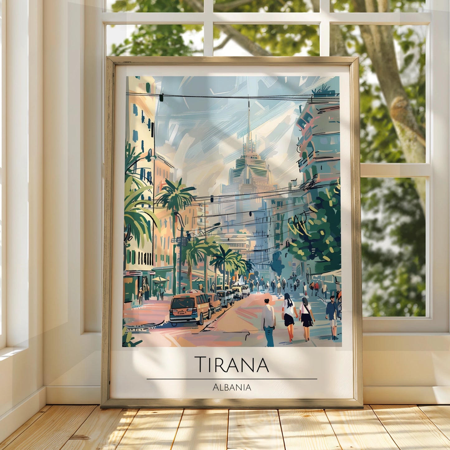 Tirana, Albania Cityscape Poster, Colourful Urban Art, Palm Trees, Vintage Style Wall Art