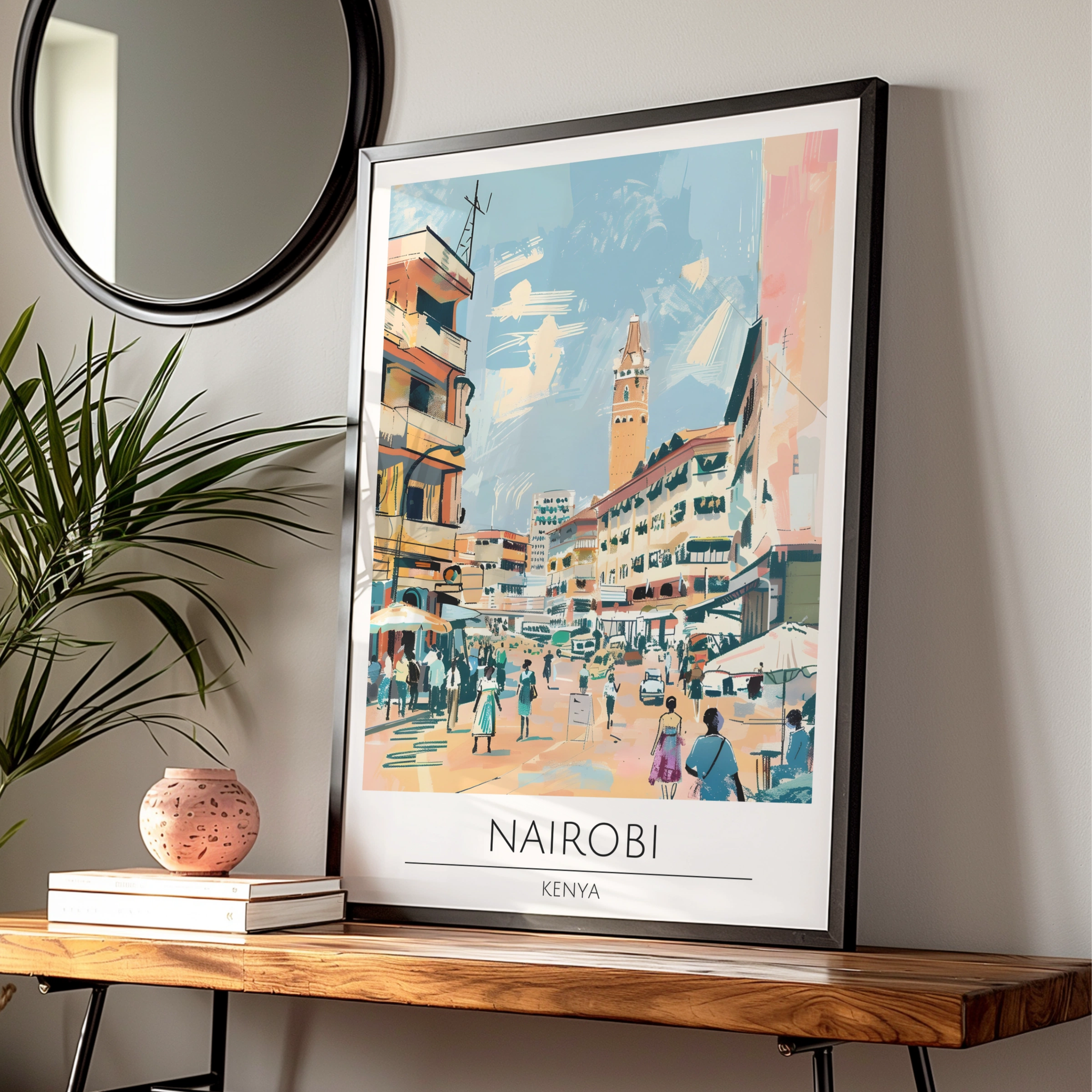 Nairobi Street Scene Art Print, Kenya Urban Wall Art, Colourful City Poster, Vintage Travel Decor