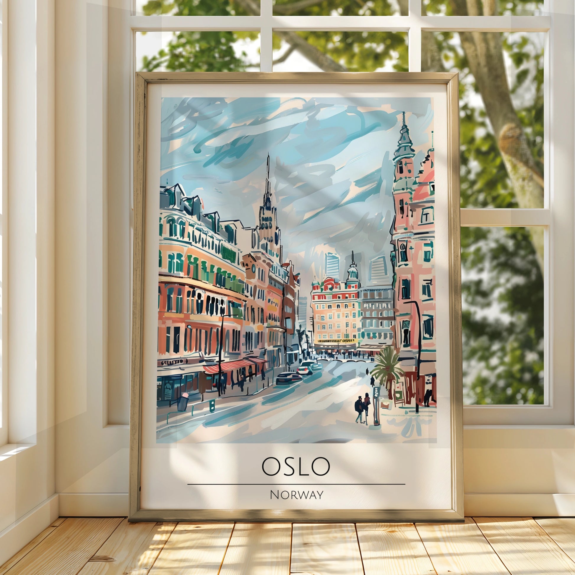 Oslo Norway Vintage Cityscape Art Print, Norwegian Architecture, Colourful Urban Scene Poster
