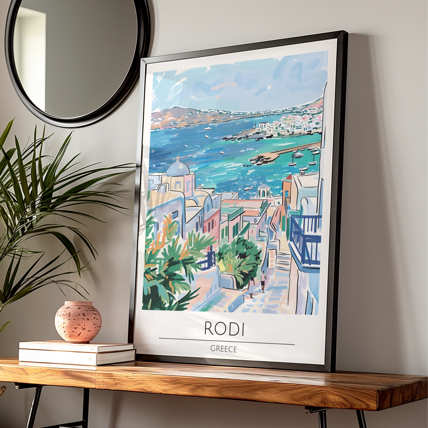 Rodi Greece Poster, Colourful Coastal Art Print, Mediterranean Sea View, Wall Decor, Travel Poster