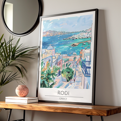 Rodi Greece Poster, Colourful Coastal Art Print, Mediterranean Sea View, Wall Decor, Travel Poster