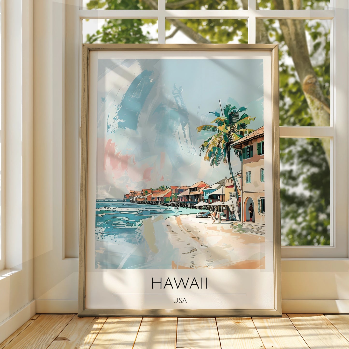 Hawaii Art Print, Tropical Beach Poster, Coastal Home Decor, Colourful Maximalist Artwork, USA Wall