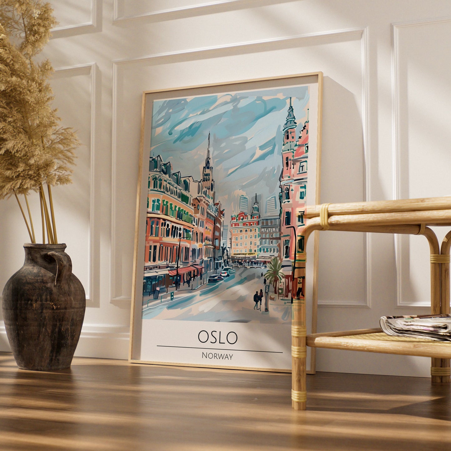 Oslo Norway Vintage Cityscape Art Print, Norwegian Architecture, Colourful Urban Scene Poster