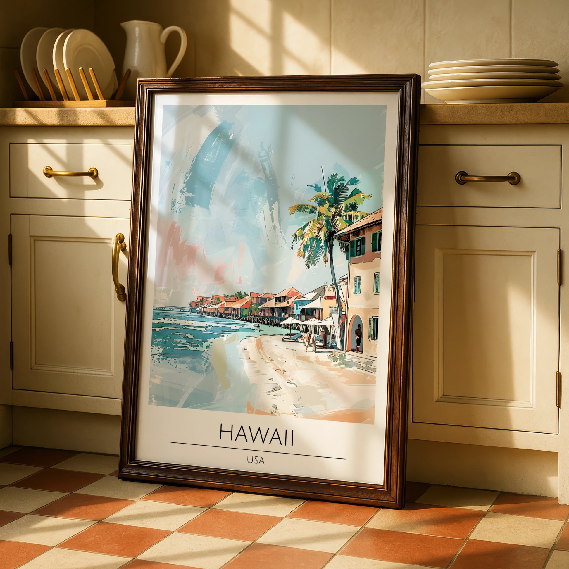 Hawaii Art Print, Tropical Beach Poster, Coastal Home Decor, Colourful Maximalist Artwork, USA Wall