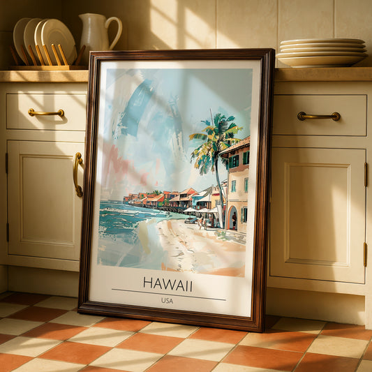 Hawaii Art Print, Tropical Beach Poster, Coastal Home Decor, Colourful Maximalist Artwork, USA Wall