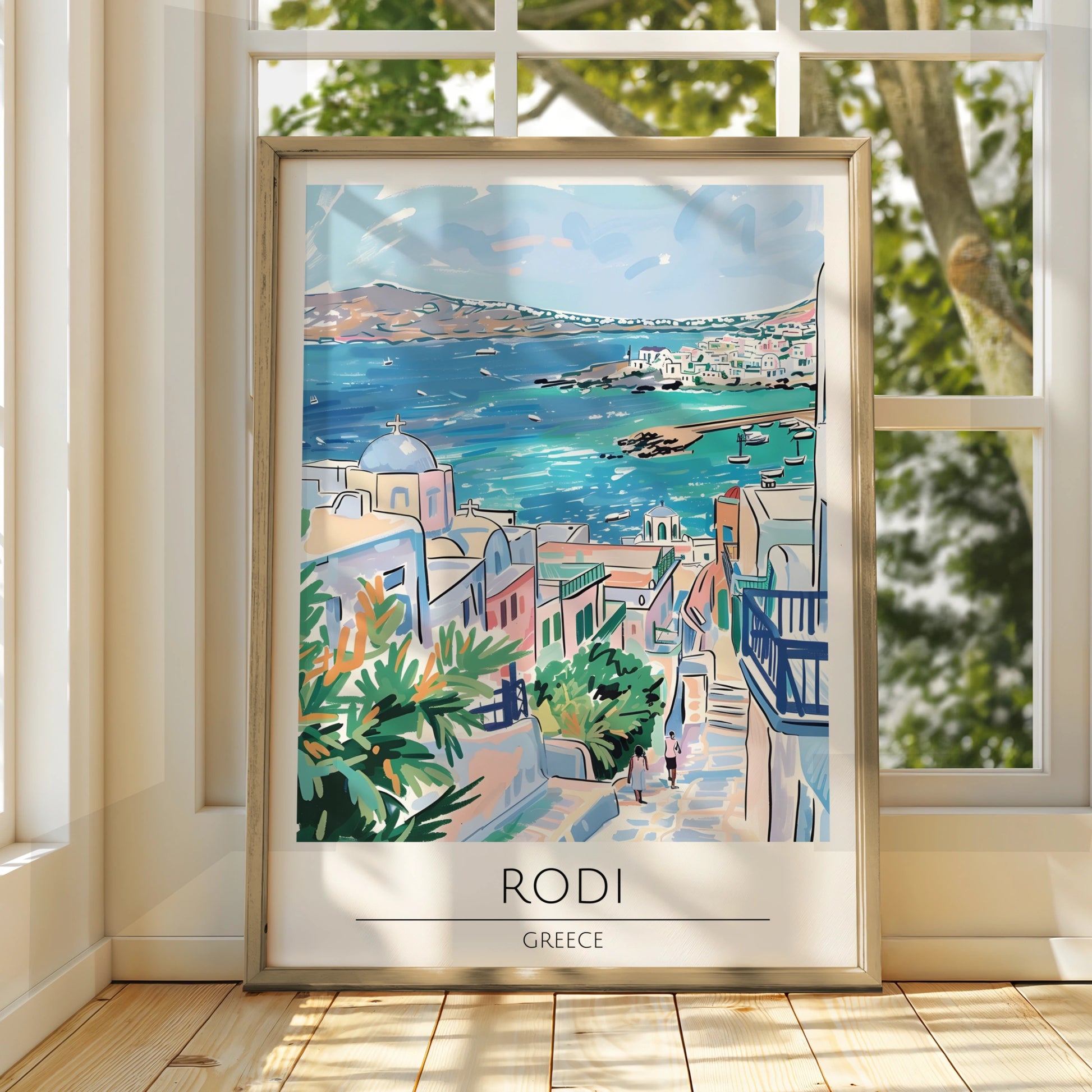 Rodi Greece Poster, Colourful Coastal Art Print, Mediterranean Sea View, Wall Decor, Travel Poster