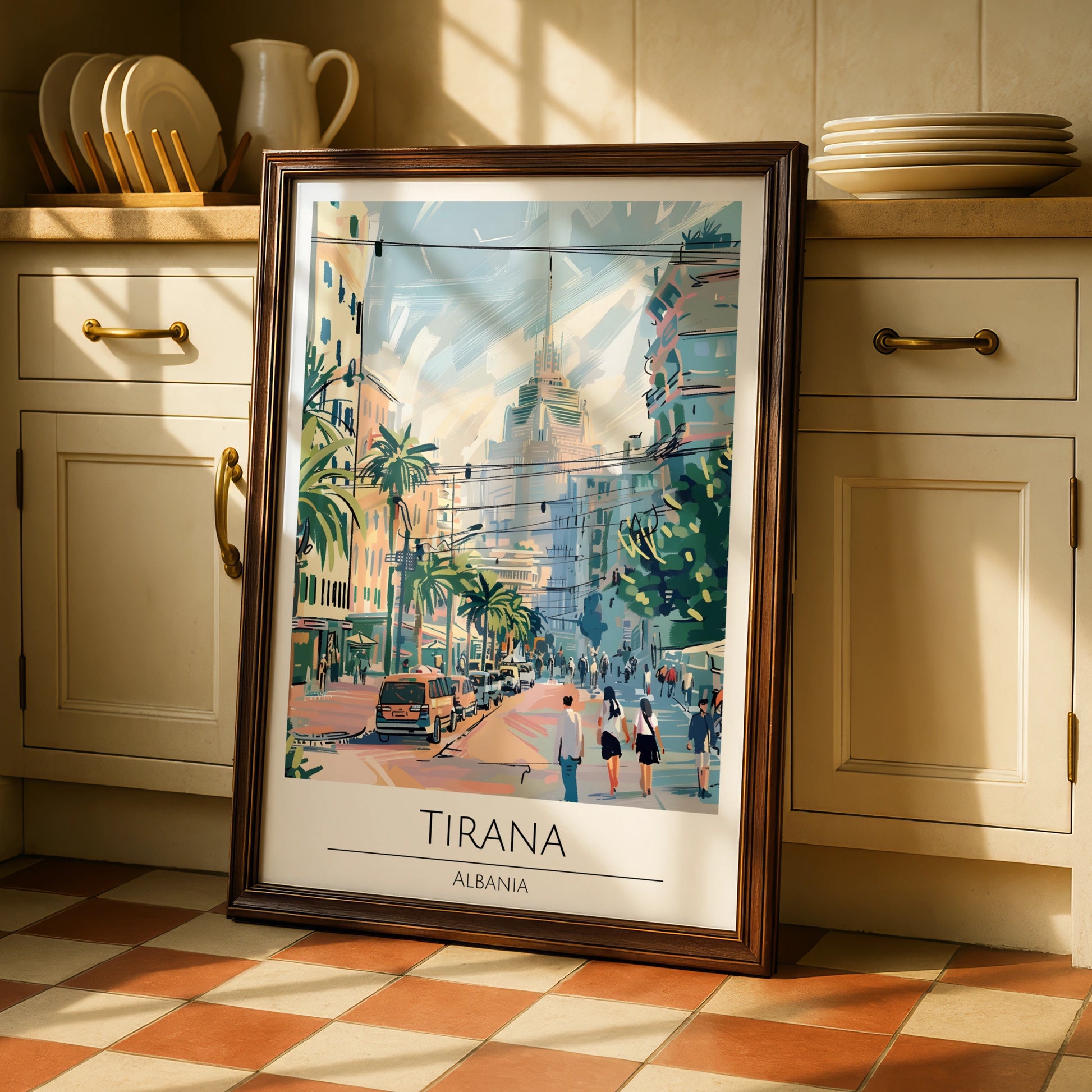 Tirana, Albania Cityscape Poster, Colourful Urban Art, Palm Trees, Vintage Style Wall Art
