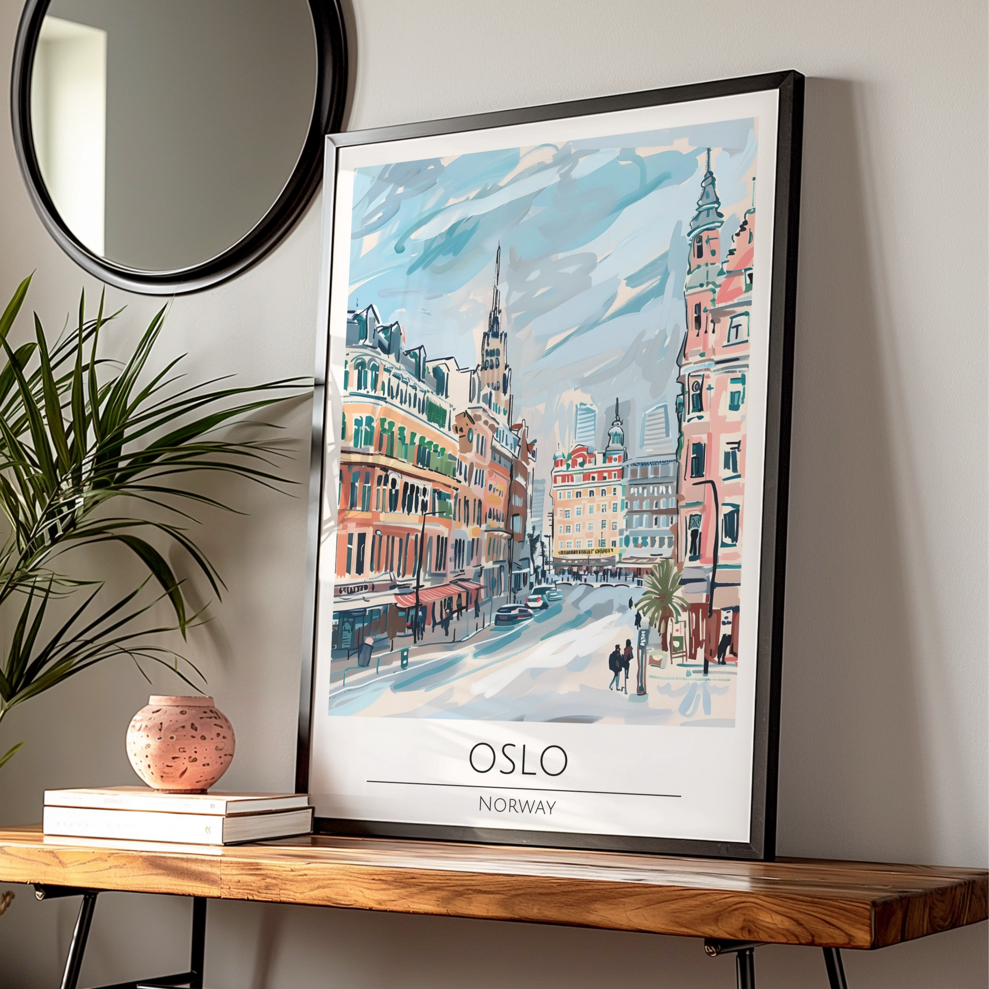 Oslo Norway Vintage Cityscape Art Print, Norwegian Architecture, Colourful Urban Scene Poster