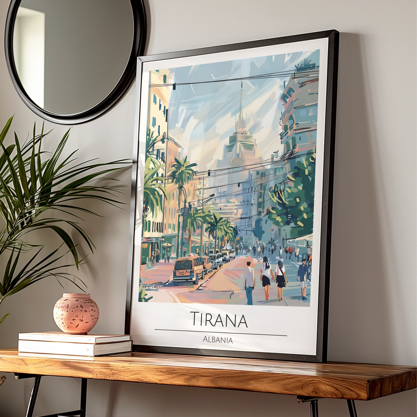 Tirana, Albania Cityscape Poster, Colourful Urban Art, Palm Trees, Vintage Style Wall Art