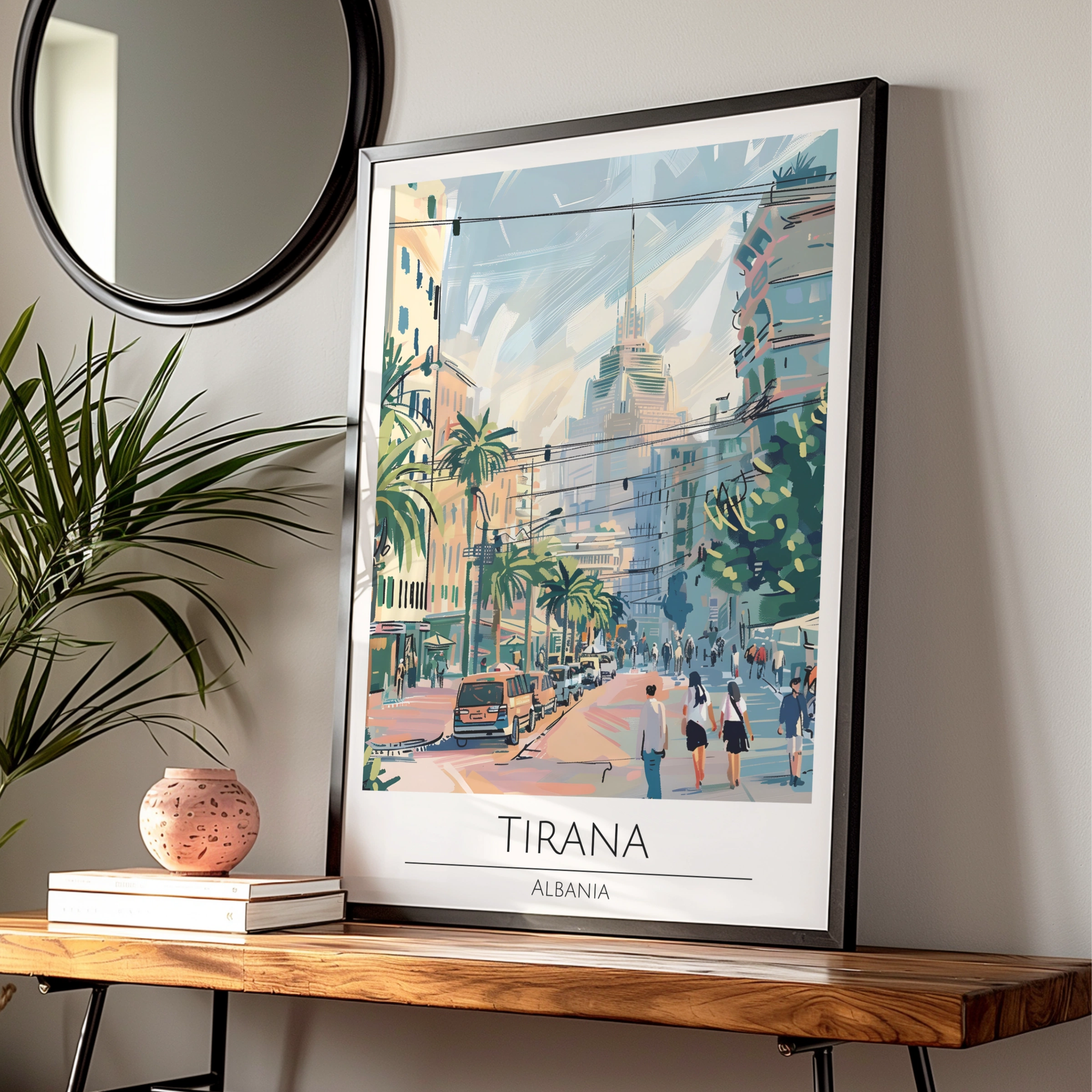 Tirana, Albania Cityscape Poster, Colourful Urban Art, Palm Trees, Vintage Style Wall Art