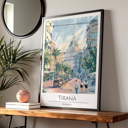 Tirana, Albania Cityscape Poster, Colourful Urban Art, Palm Trees, Vintage Style Wall Art