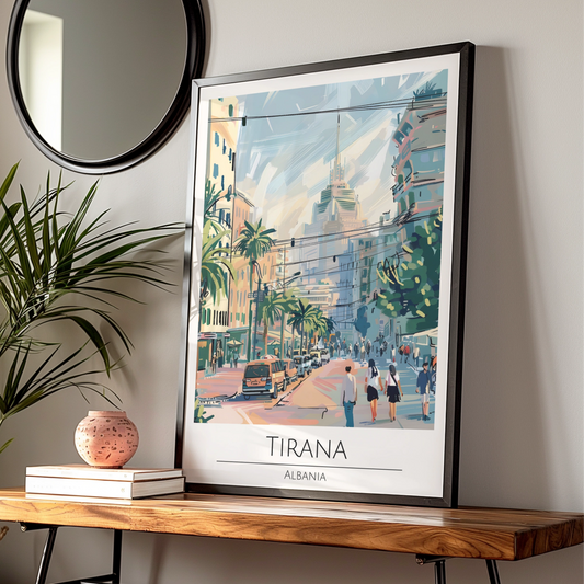 Tirana, Albania Cityscape Poster, Colourful Urban Art, Palm Trees, Vintage Style Wall Art