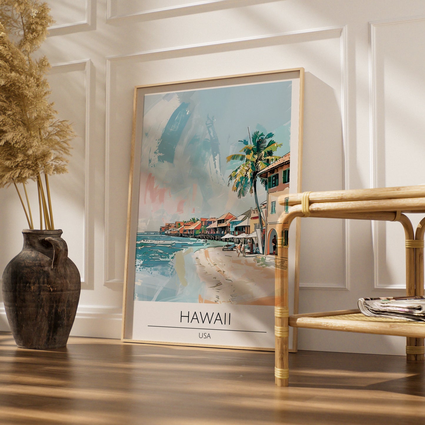 Hawaii Art Print, Tropical Beach Poster, Coastal Home Decor, Colourful Maximalist Artwork, USA Wall