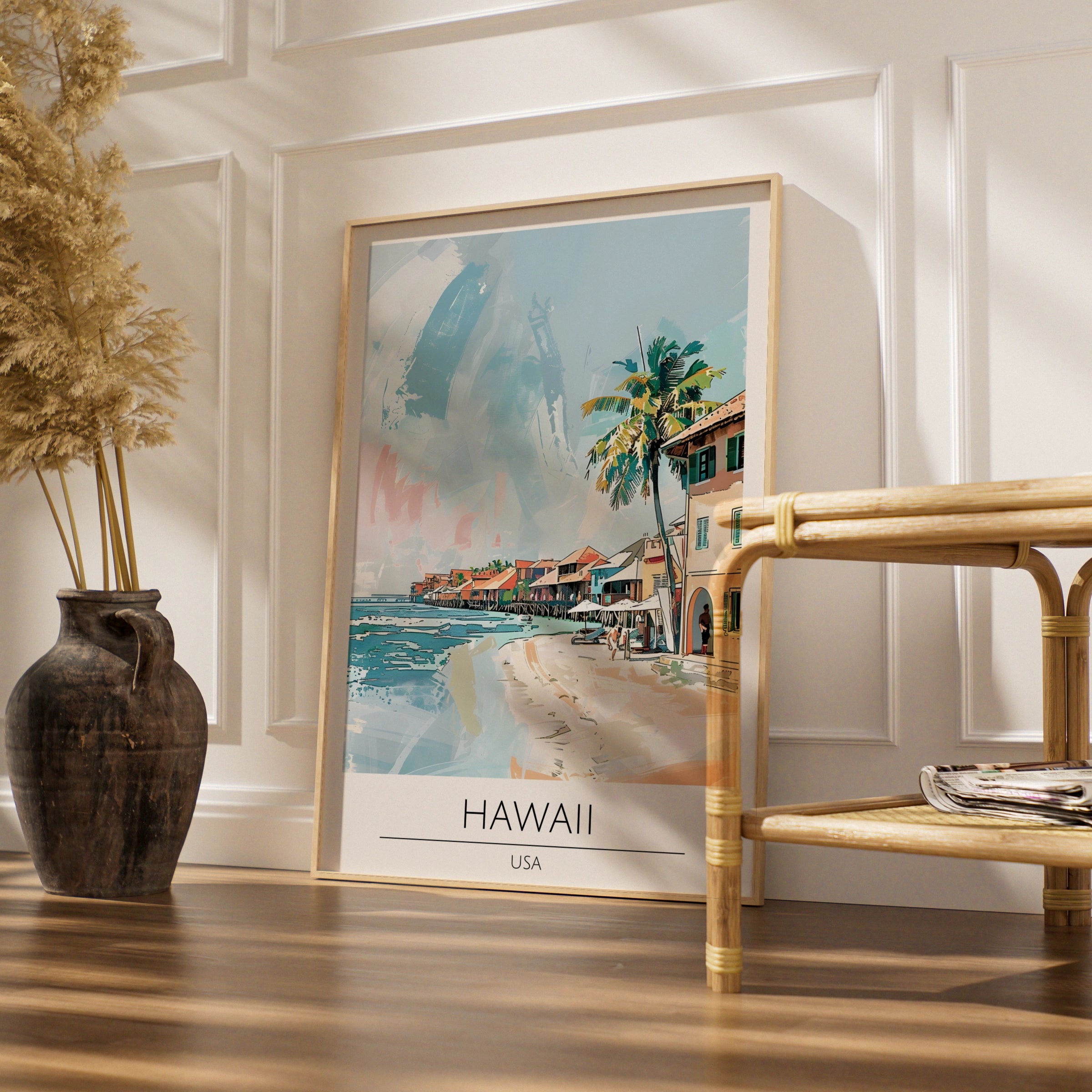 Hawaii Art Print, Tropical Beach Poster, Coastal Home Decor, Colourful Maximalist Artwork, USA Wall