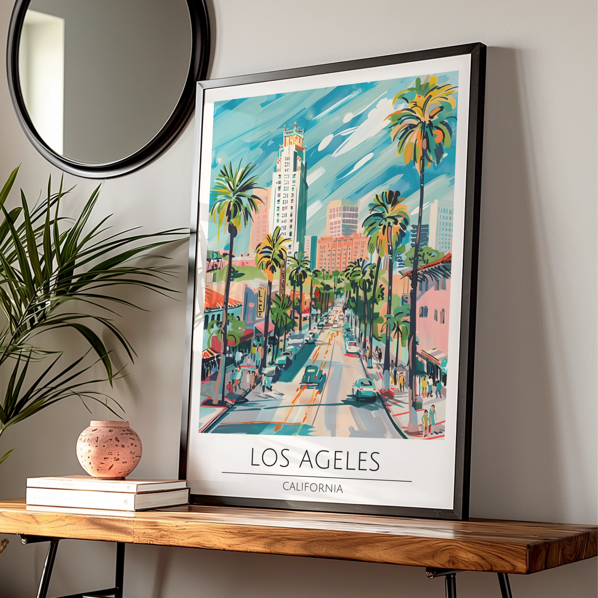 Los Angeles Art Print, Vibrant California Poster, Palm Tree City Scene, Urban Wall Art