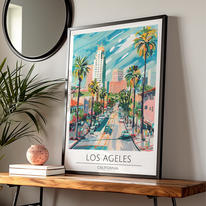 Los Angeles Art Print, Vibrant California Poster, Palm Tree City Scene, Urban Wall Art
