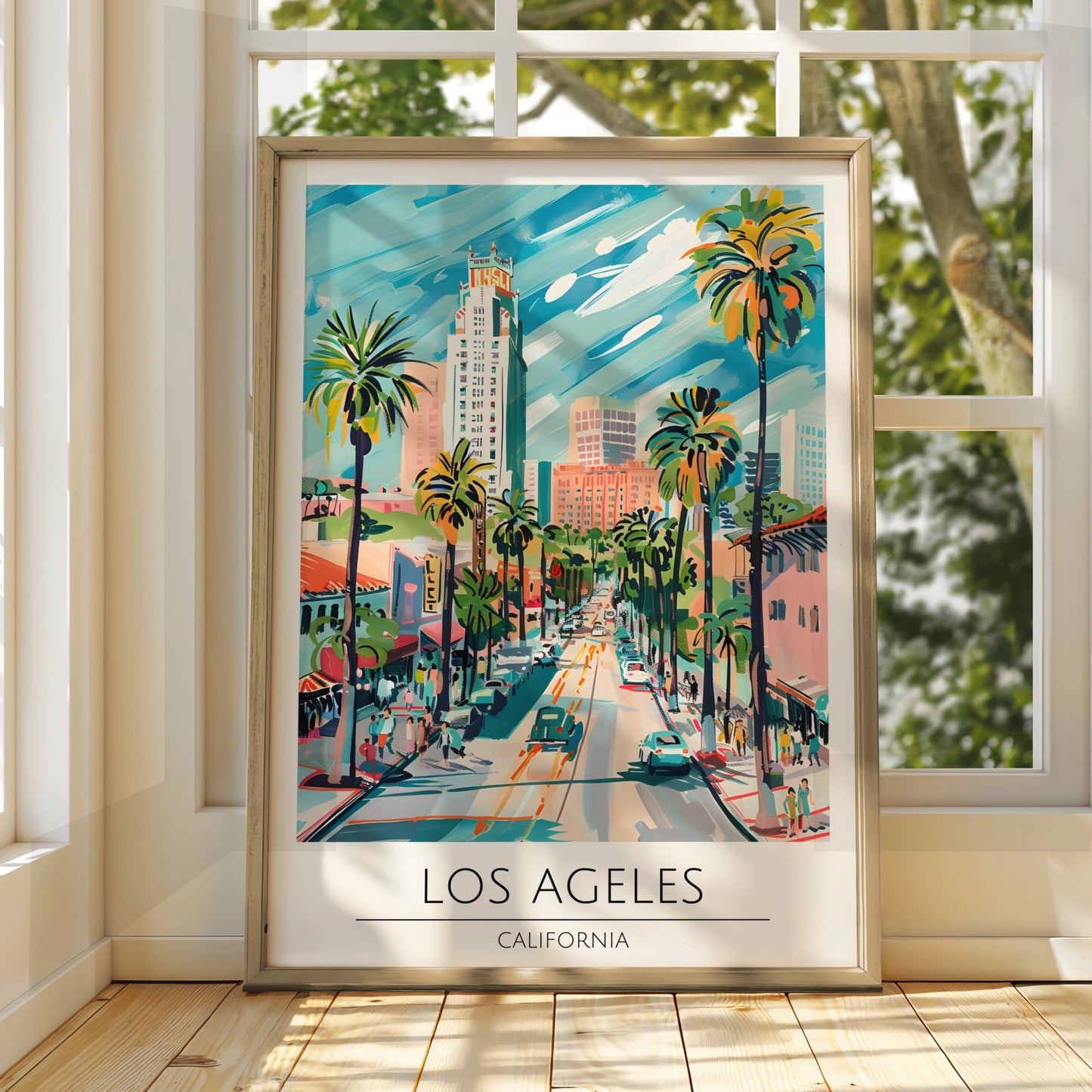 Los Angeles Art Print, Vibrant California Poster, Palm Tree City Scene, Urban Wall Art