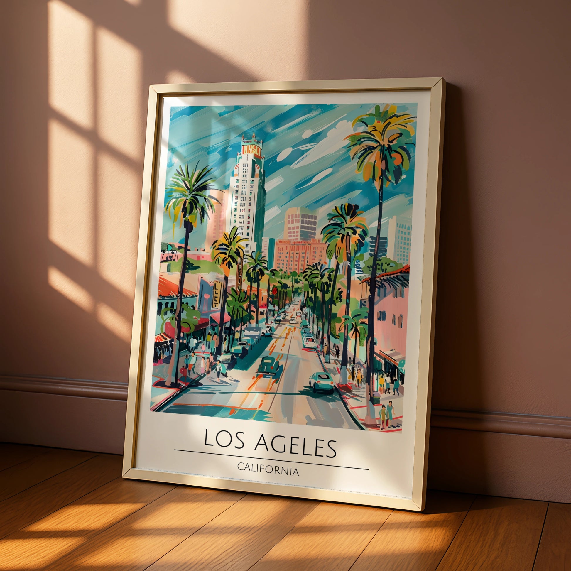 Los Angeles Art Print, Vibrant California Poster, Palm Tree City Scene, Urban Wall Art