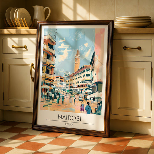Nairobi Street Scene Art Print, Kenya Urban Wall Art, Colourful City Poster, Vintage Travel Decor