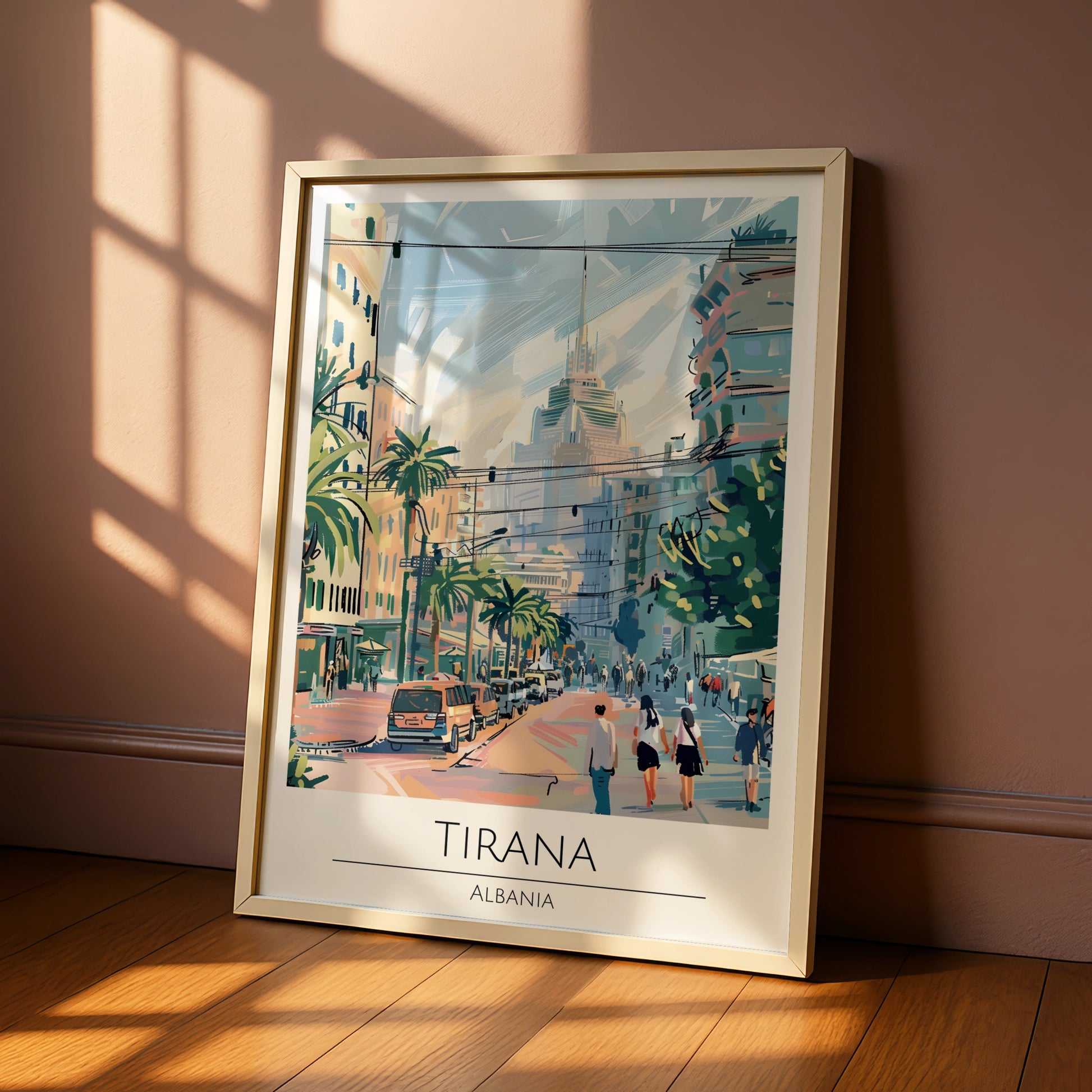 Tirana, Albania Cityscape Poster, Colourful Urban Art, Palm Trees, Vintage Style Wall Art