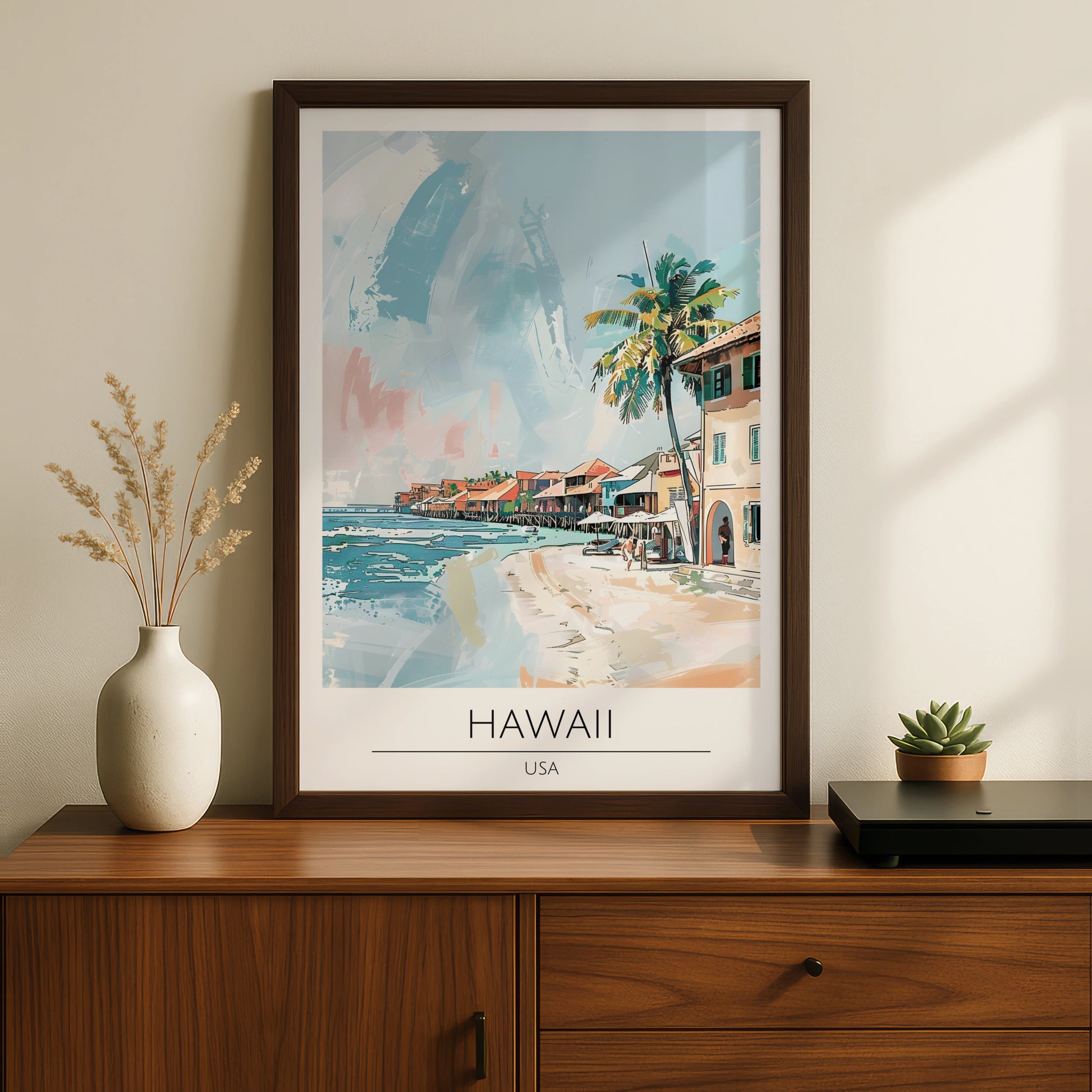 Hawaii Art Print, Tropical Beach Poster, Coastal Home Decor, Colourful Maximalist Artwork, USA Wall
