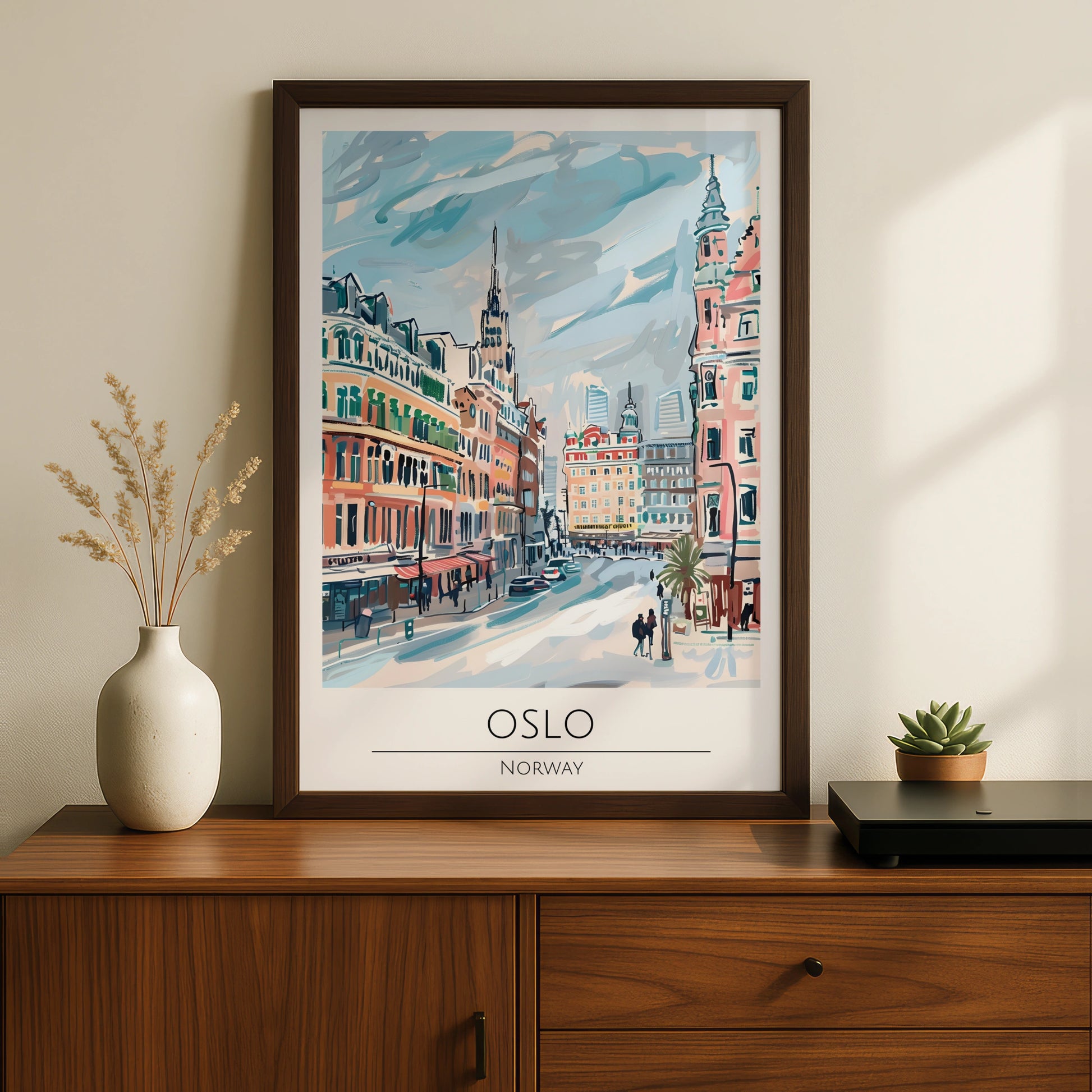 Oslo Norway Vintage Cityscape Art Print, Norwegian Architecture, Colourful Urban Scene Poster
