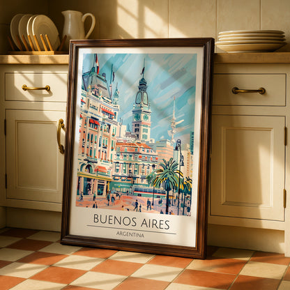 Buenos Aires Art Poster, Vintage Travel Illustration, Argentina Cityscape Print, Colourful Wall Art