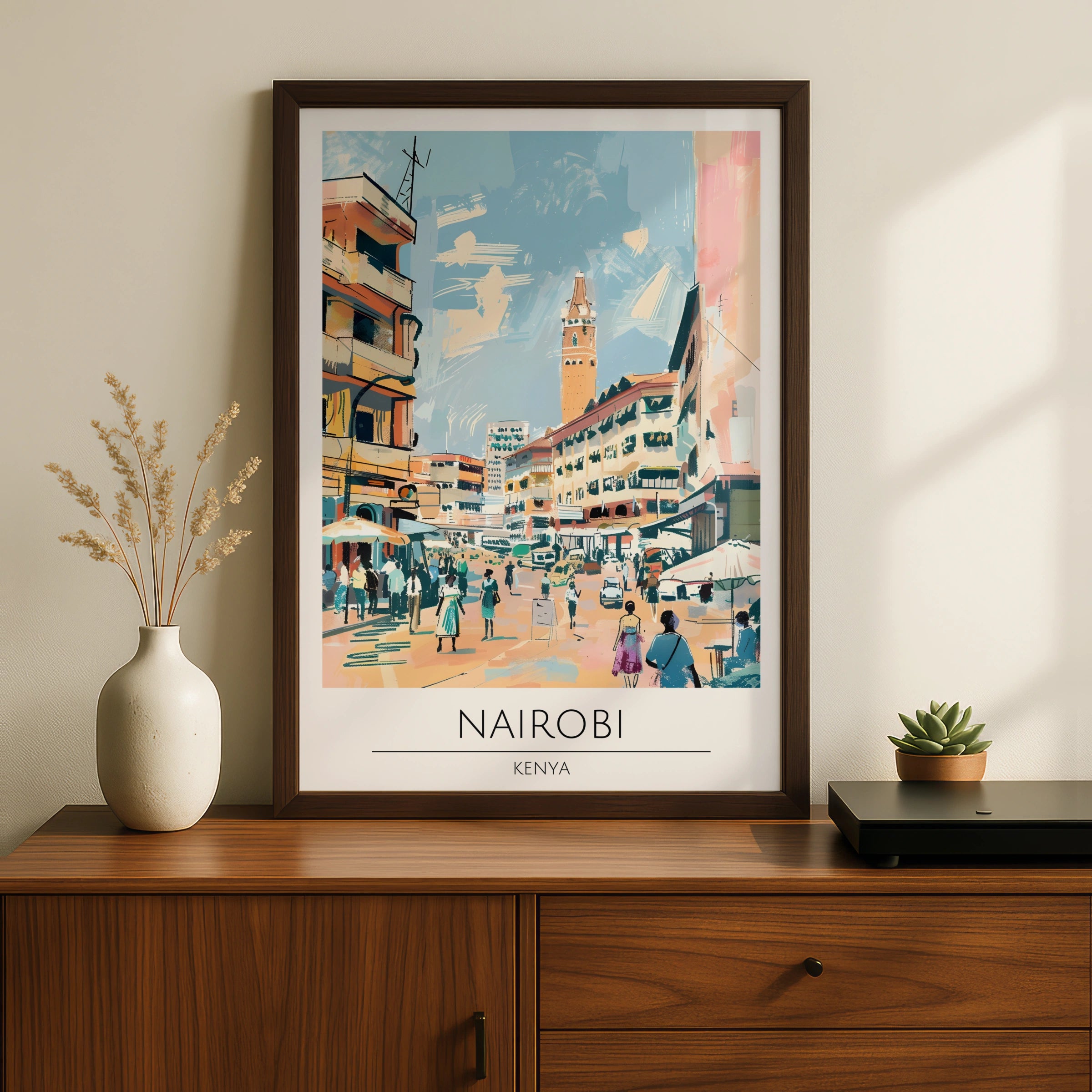 Nairobi Street Scene Art Print, Kenya Urban Wall Art, Colourful City Poster, Vintage Travel Decor