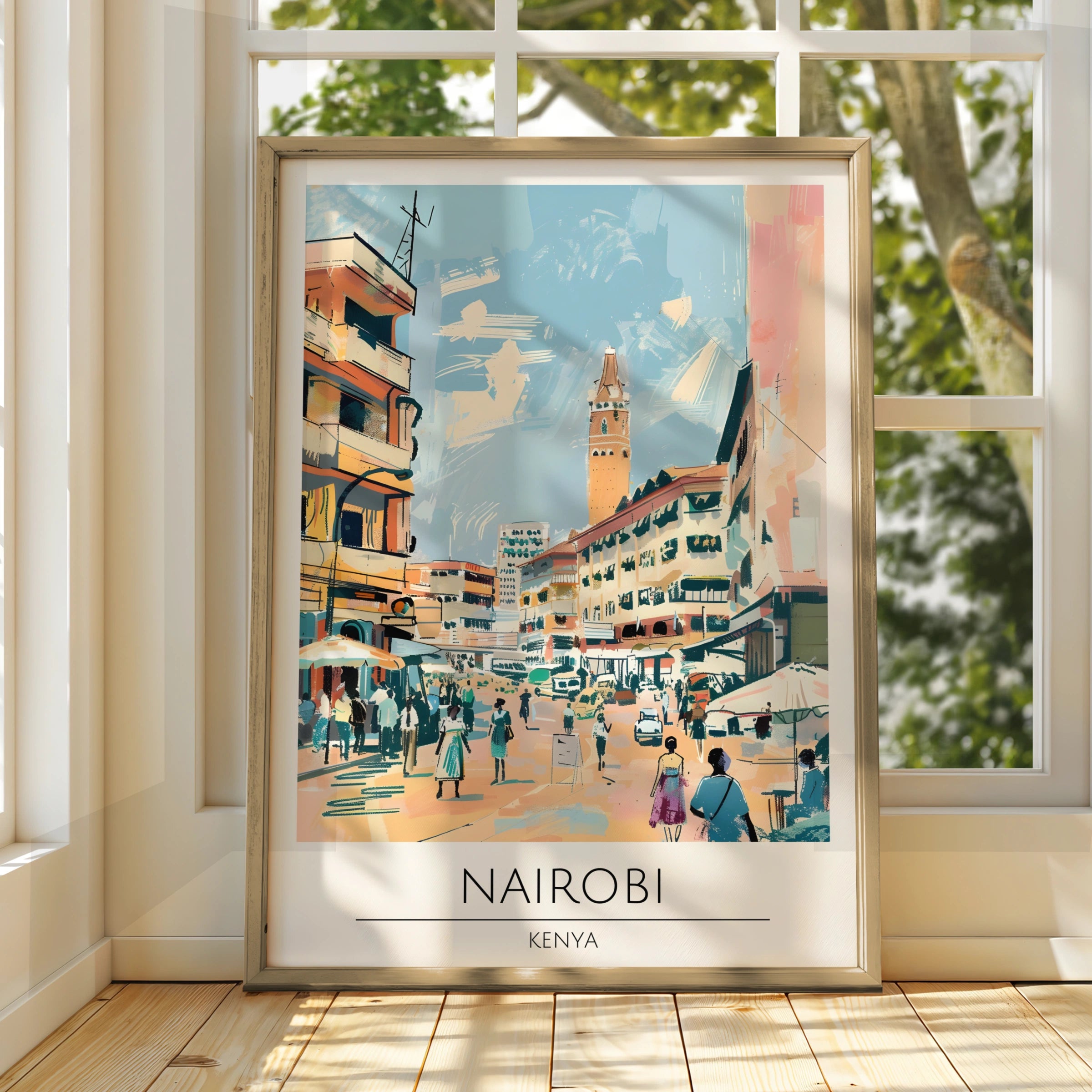 Nairobi Street Scene Art Print, Kenya Urban Wall Art, Colourful City Poster, Vintage Travel Decor