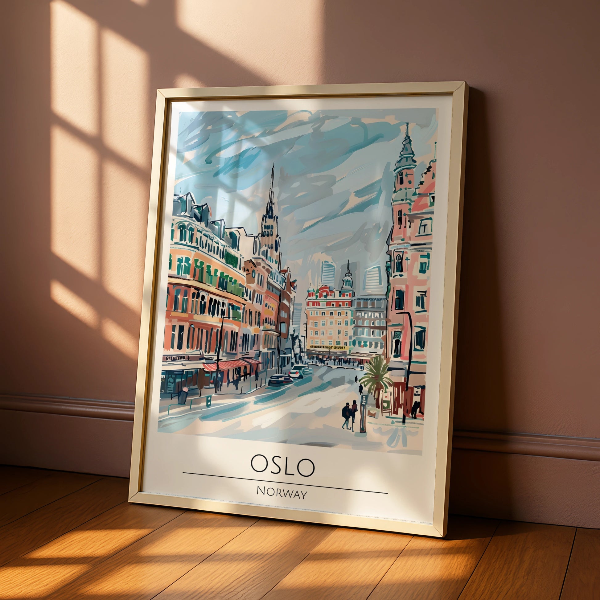 Oslo Norway Vintage Cityscape Art Print, Norwegian Architecture, Colourful Urban Scene Poster